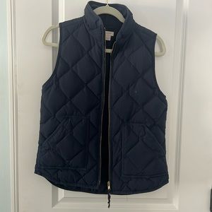 Women’s J. Crew down quilted vest, navy blue, size small, gold zippers